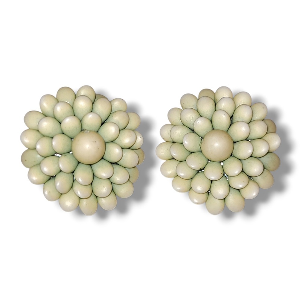 Vintage Wood Bead Cluster Flower Clip-on Earrings
